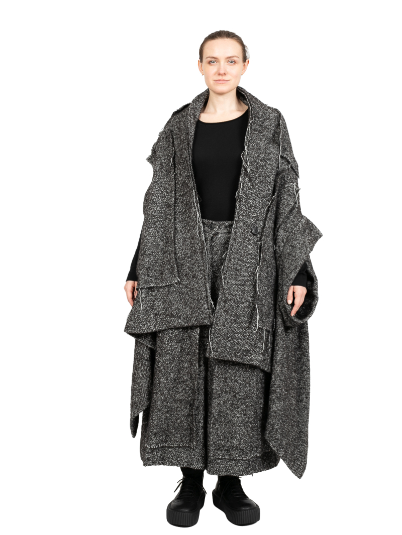 Rundholz - Große Weste Cape mit Applikationen Wollstoff Black Melange - 2241253910