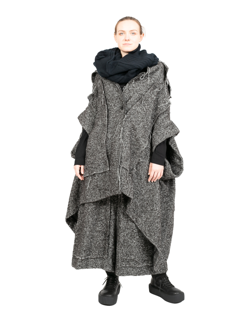 Rundholz - Große Weste Cape mit Applikationen Wollstoff Black Melange - 2241253910