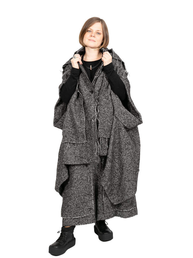Rundholz - Große Weste Cape mit Applikationen Wollstoff Black Melange - 2241253910