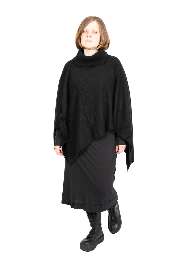 Rundholz DIP - Poncho mit Rollkragen und fransigen Abschlüssen Merino Wolle Black - 2242337712