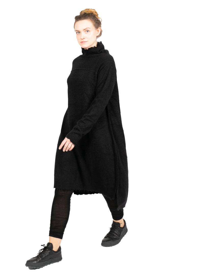 Rundholz DIP - StrickKleid mit Stehkragen und fransigen Abschlüssen Merino Wolle Black - 2242337305
