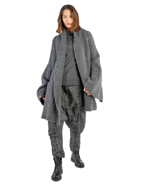 Rundholz DIP - Grobstrick Strickjacke mit Schalkragen und weiten Ärmeln Wolle Oversize black Black Melange - 2242447103